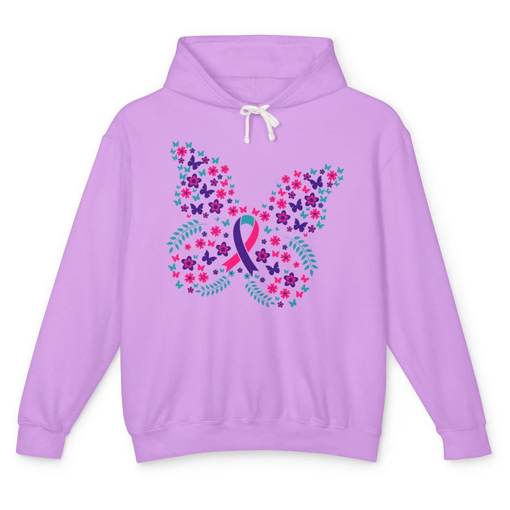 Floral Butterfly Teal Pink Warrior Thyroid Cancer Awareness Unisex Lightweight Hoodie