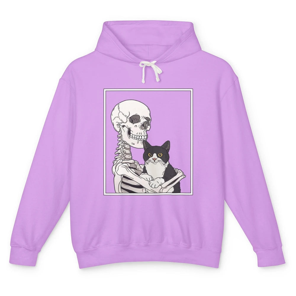 Skeleton Holding A Cat Lazy Halloween Costume Skull Kitten Unisex Lightweight Hoodie