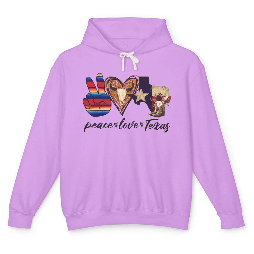 Retro Peace Love Texas Cowboy Boots Western Country Cowgirl Unisex Lightweight Hoodie