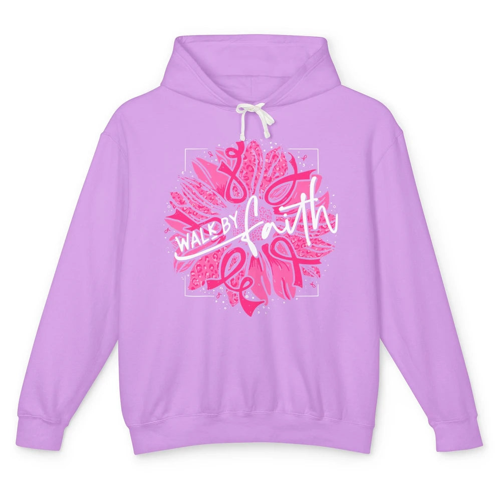 Walk By Faith Breast Cancer Awareness Pink Ribbon Sunflower Unisex Lightweight Hoodie