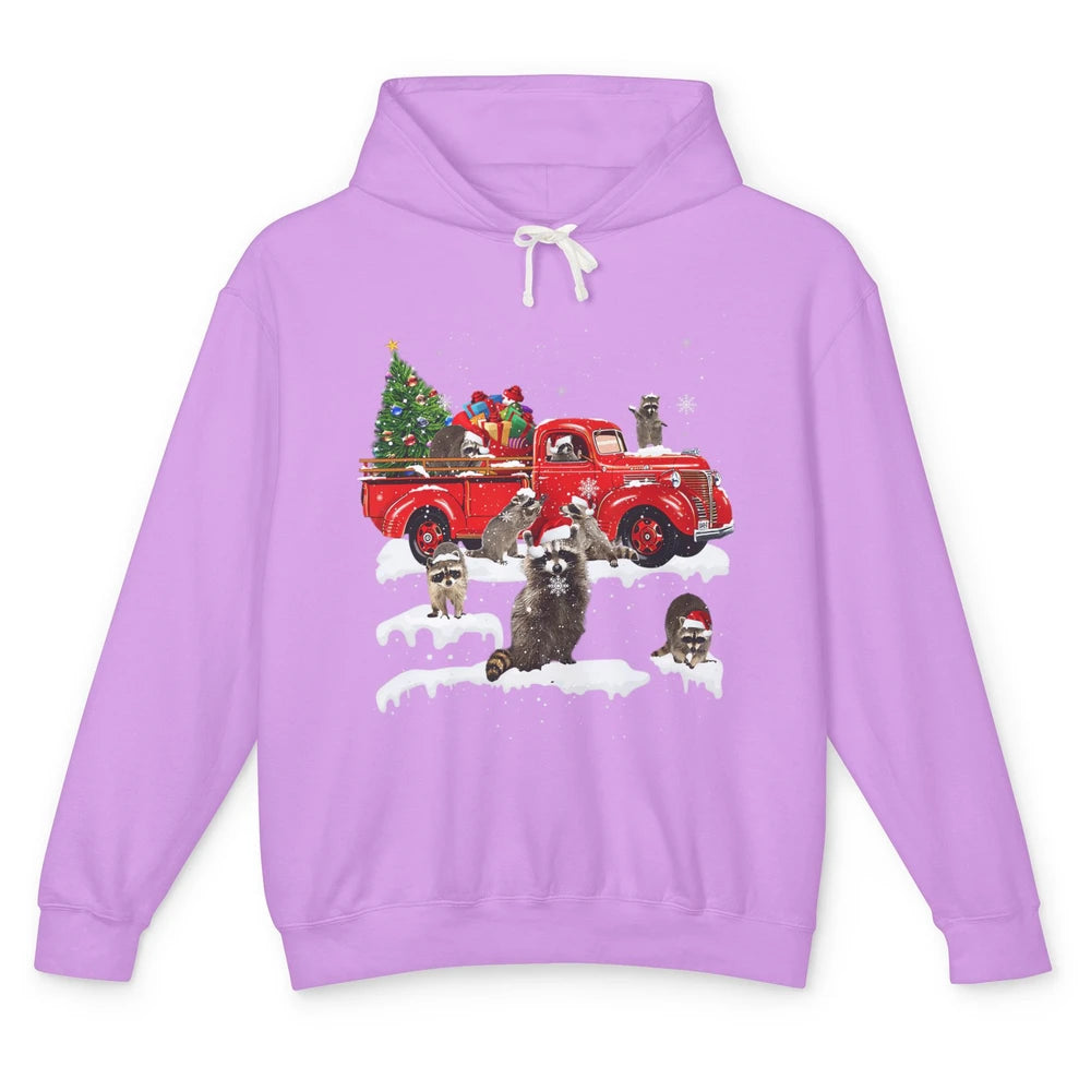 Funny Red Truck Raccoon Xmas Tree Lights Merry Christmas Unisex Lightweight Hoodie