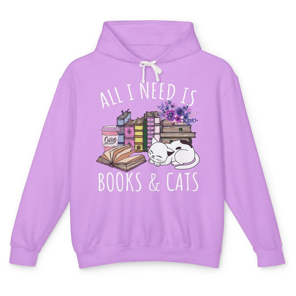 All I Need Is Books And Cats Floral Coffee Bookish Reading Unisex Lightweight Hoodie