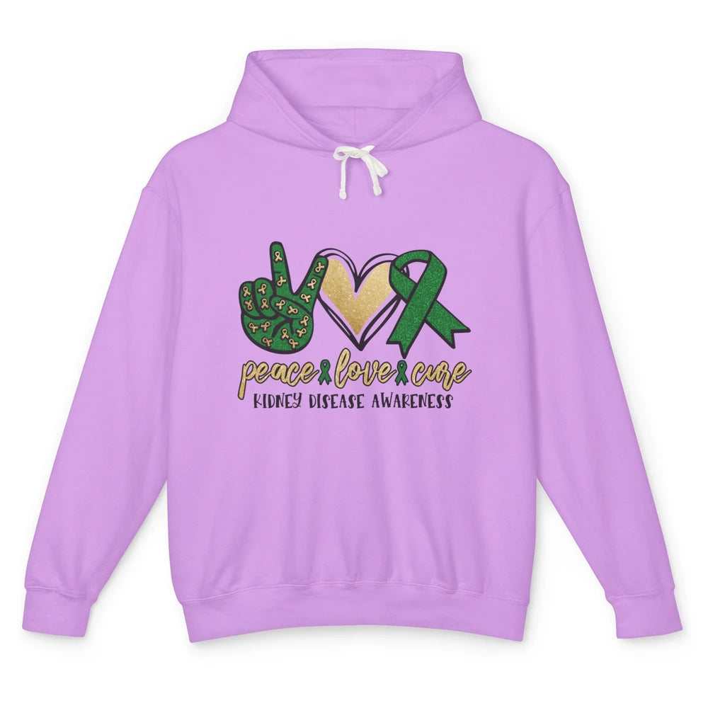 Peace Love Cure Kidney Disease Awareness Green Ribbon Heart Unisex Lightweight Hoodie