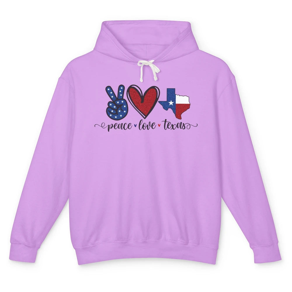 US Flag Peace Love Texas State Map Texan Pride Western Unisex Lightweight Hoodie