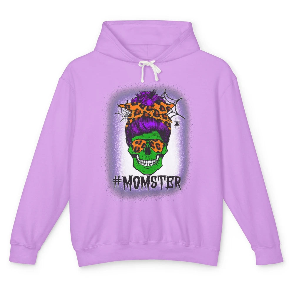 Retro Momster Messy Bun Skull Mom Halloween Spooky Mama Goth Unisex Lightweight Hoodie