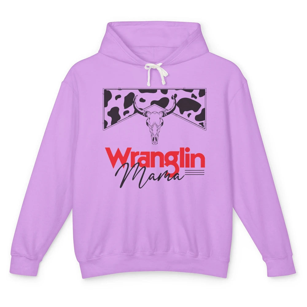 Retro Cowhide Bull Skull Wrangling Mama Western Country Girl Unisex Lightweight Hoodie