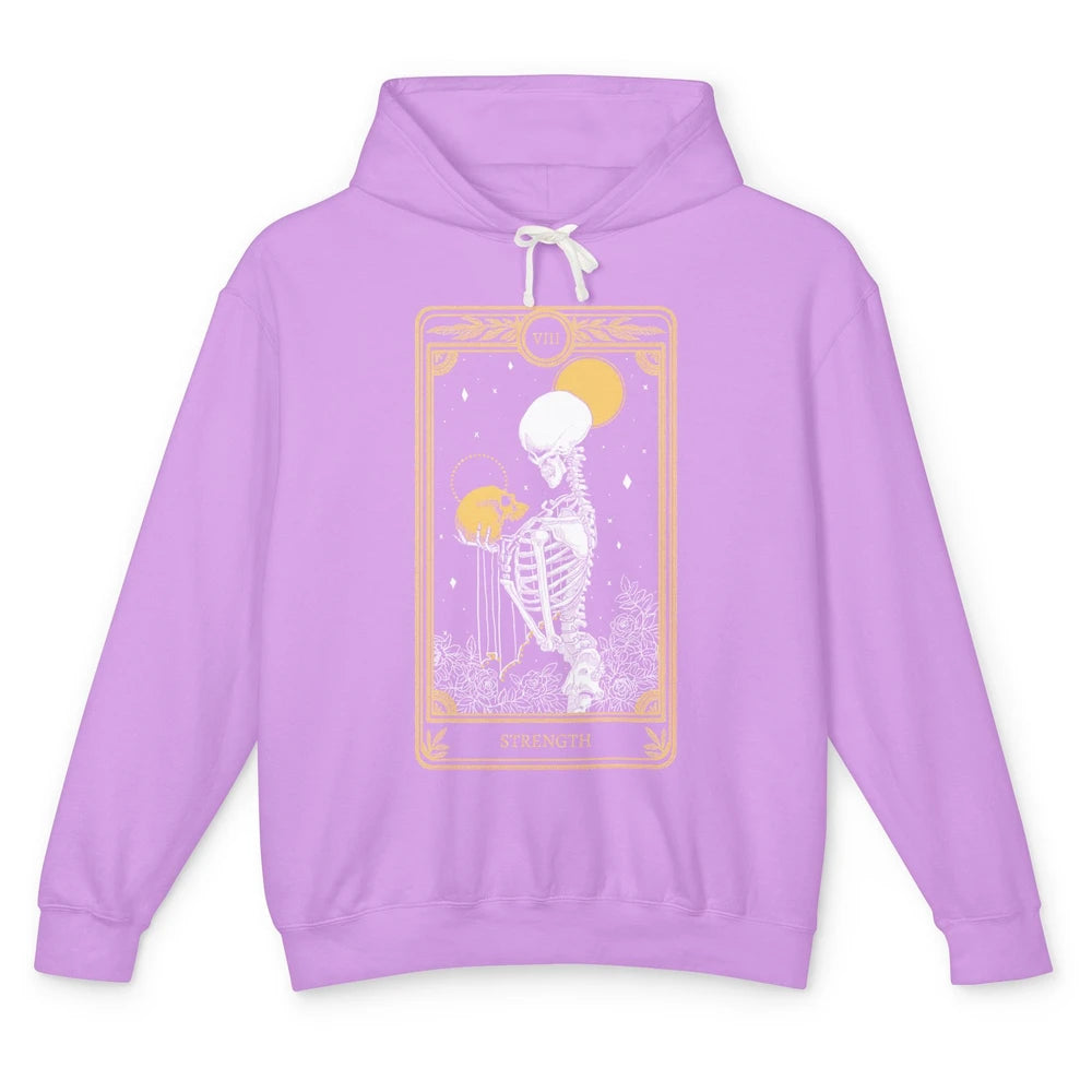 Retro Skeleton Holding Skull Strength Tarot Card Halloween Unisex Lightweight Hoodie