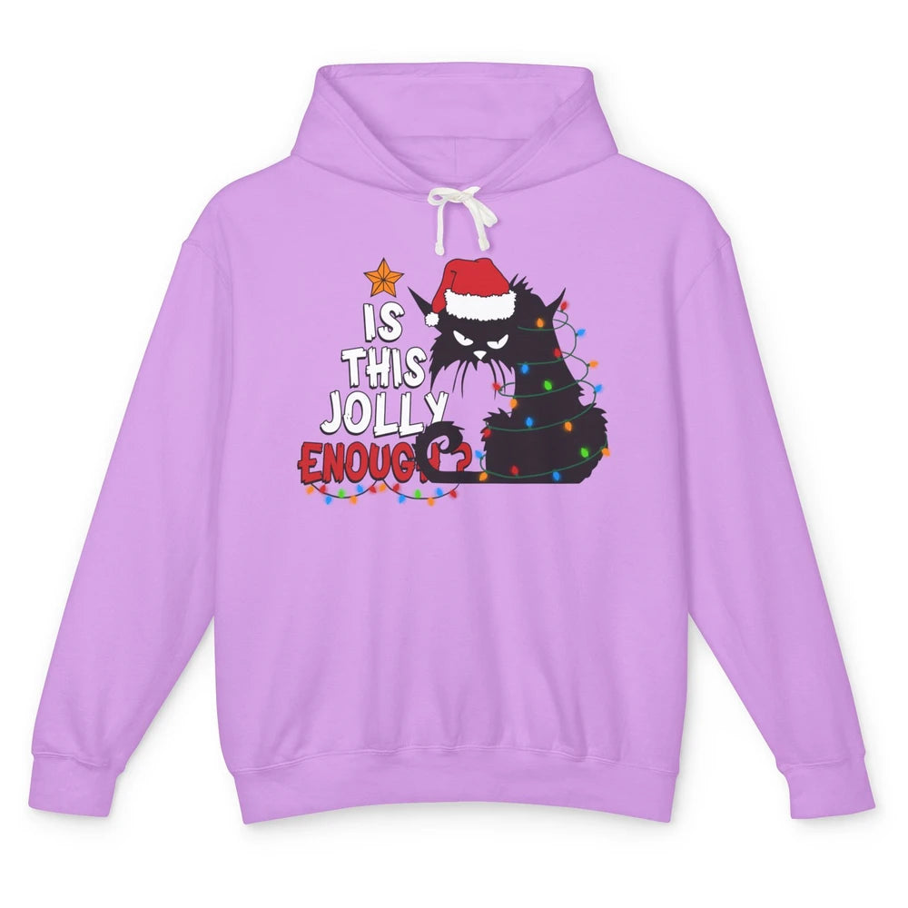 Funny Black Cat Christmas Light Santa This Jolly Enough Gift Unisex Lightweight Hoodie