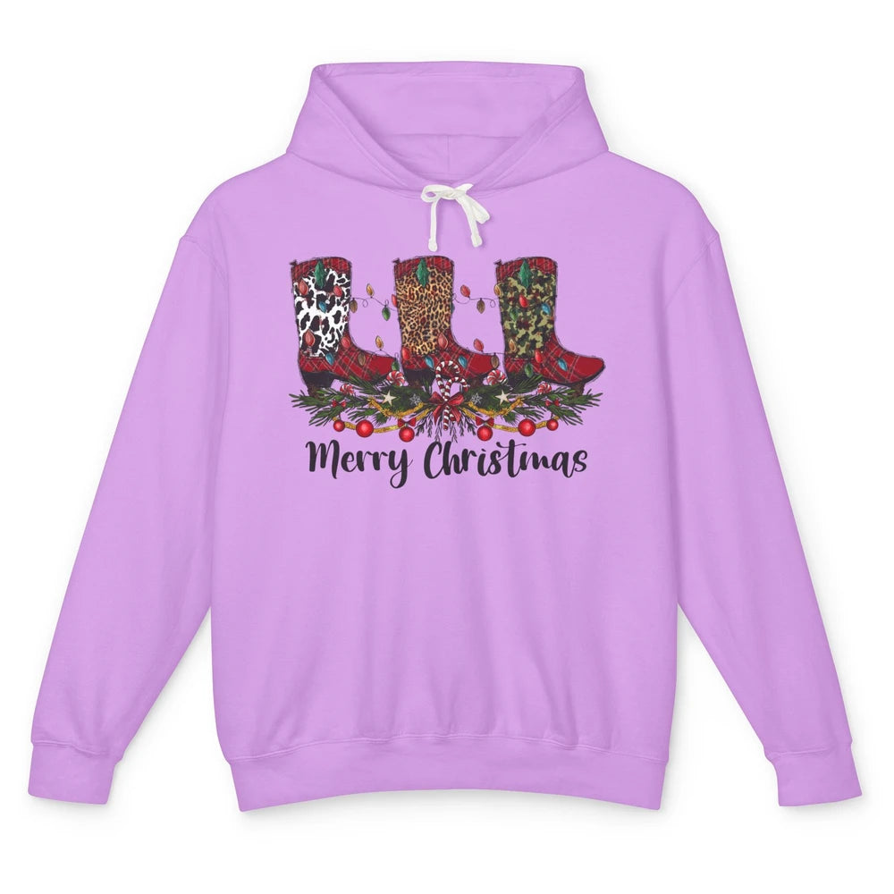 Christmas Cowboy Boots Santa Boots Leopard Western Christmas Unisex Lightweight Hoodie