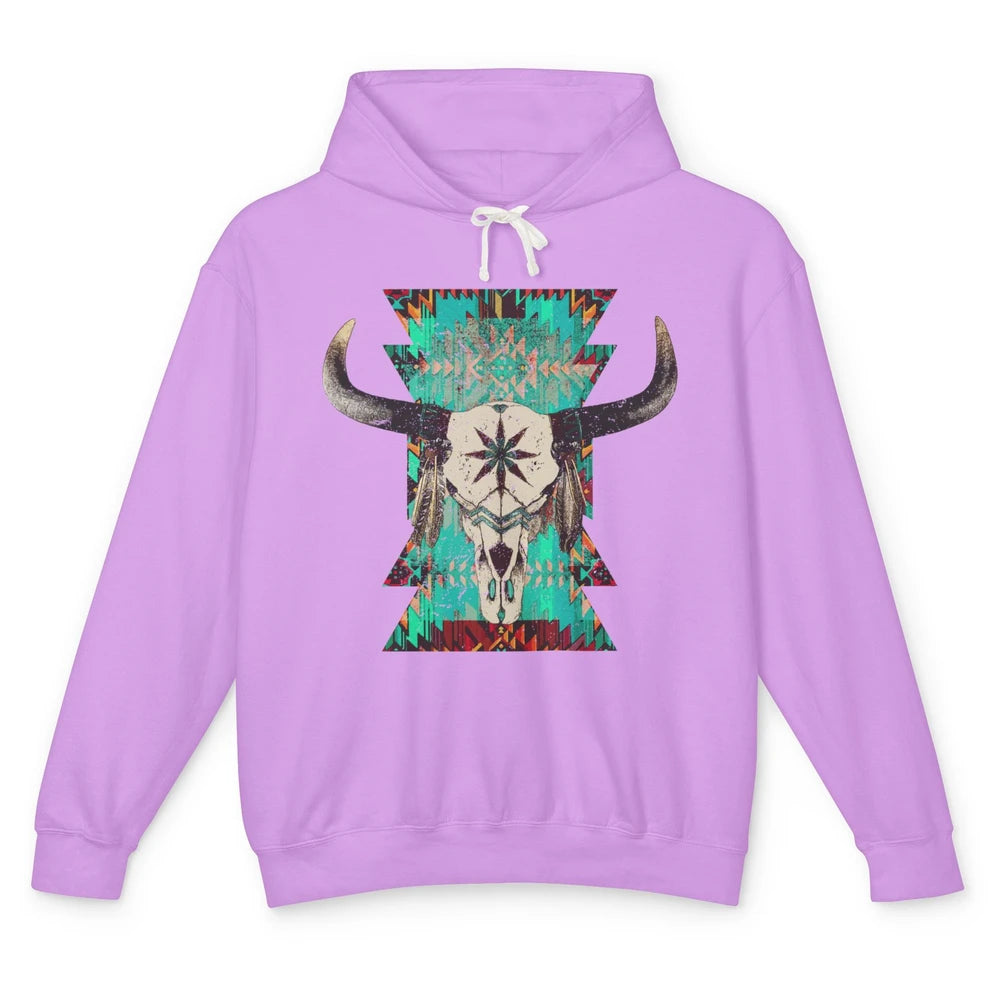 Boho Bull Skull Turquoise Aztec Western Country Rodeo Cowboy Unisex Lightweight Hoodie