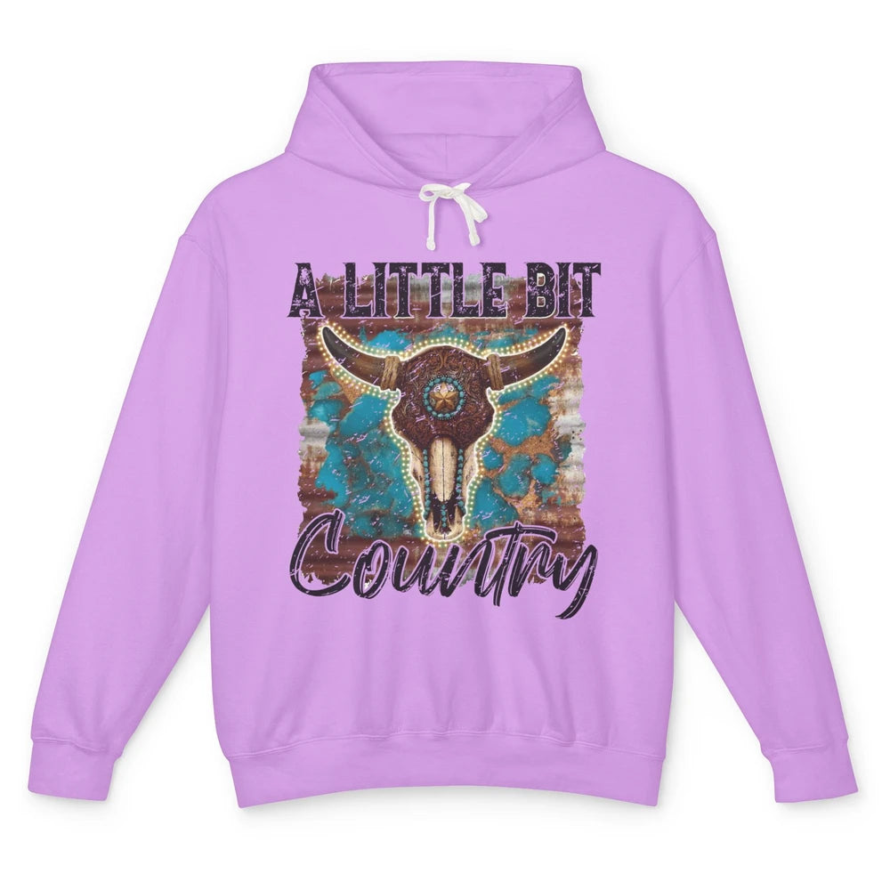 Retro Turquoise Bull Skull A Little Bit Country Western Girl Unisex Lightweight Hoodie