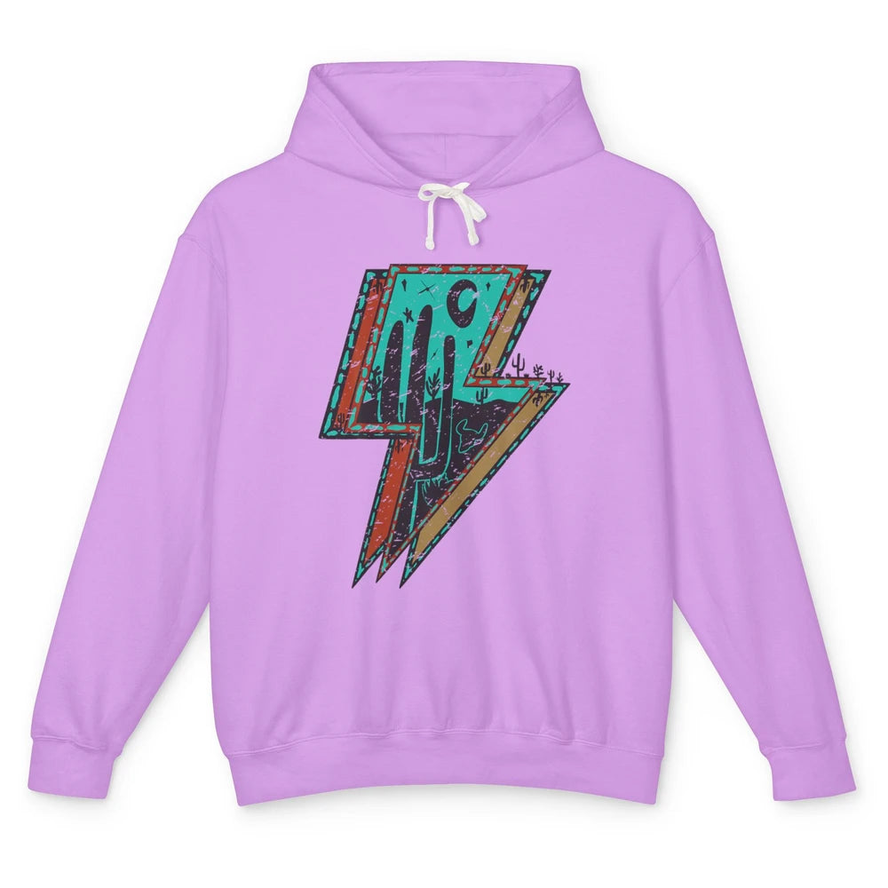 Retro Desert Cactus Night Turquoise Lightning Bolt Western Unisex Lightweight Hoodie