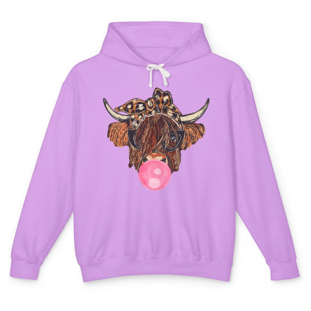 Highland Cow Leopard Bandana Glasses Bubble Gum Western Gift Unisex Lightweight Hoodie