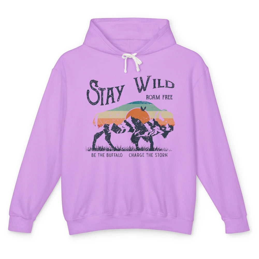 Retro Buffalo Mountain Sunset Stay Wild Roam Free Western Unisex Lightweight Hoodie