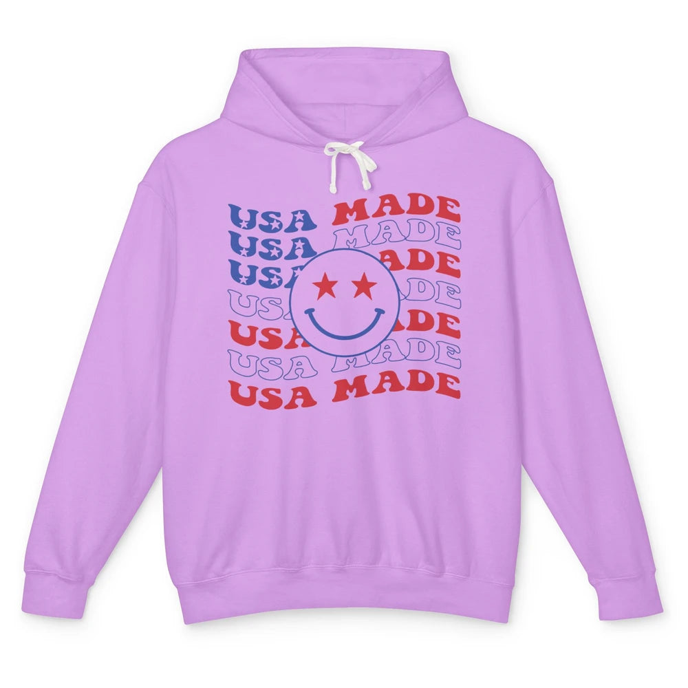 US Flag America Made Smiley Face July 4th American Patriots Unisex Lightweight Hoodie