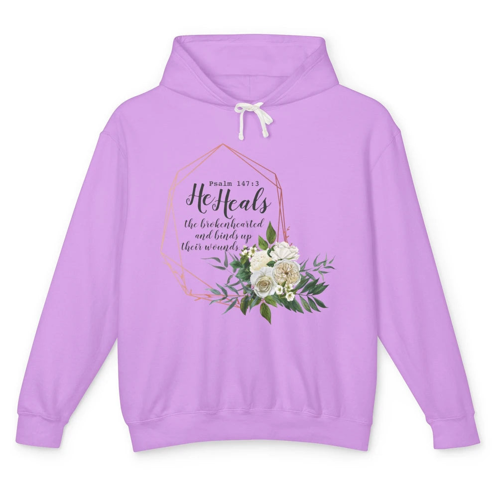 God Heal Brokenhearted Bible Verse Floral Christian Religion Unisex Lightweight Hoodie