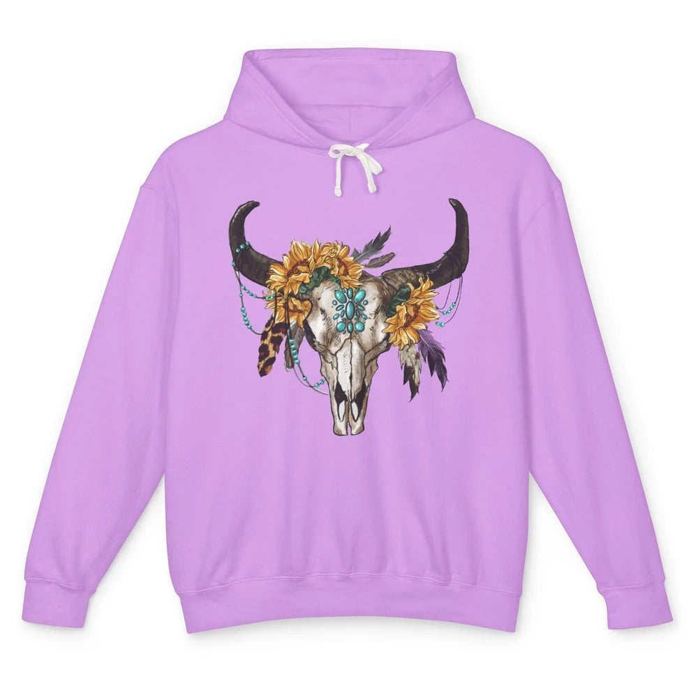 Retro Sunflower Boho Bull Skull Western Country Cowgirl Gift Unisex Lightweight Hoodie