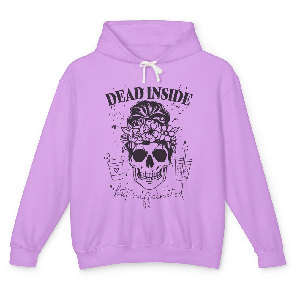 Funny Messy Bun Skull Dead Inside But Caffeinated Halloween Unisex Lightweight Hoodie