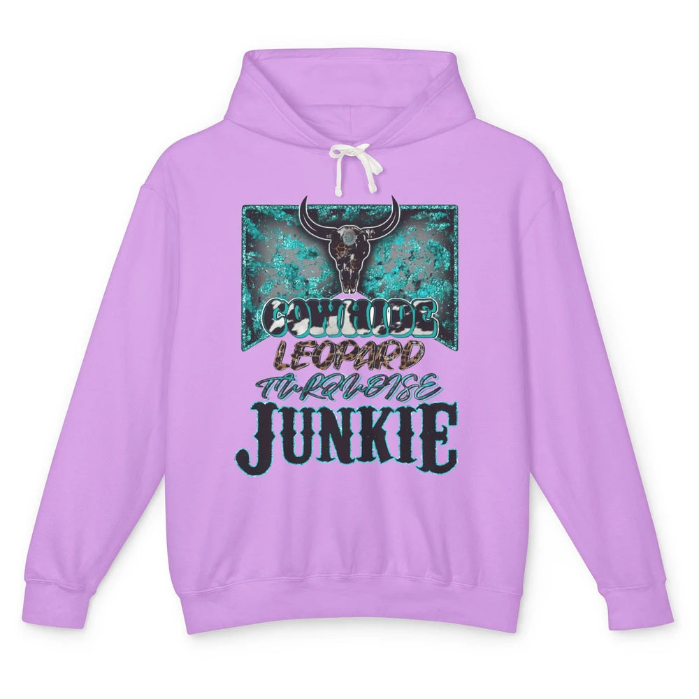 Bull Skull Cowhide Leopard Turquoise Junkie Western Country Unisex Lightweight Hoodie