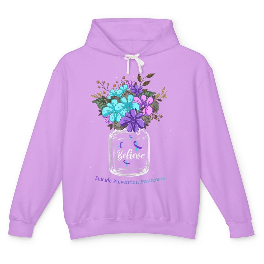 Cute Believe Flower Ribbon Support Suicide Prevention Month Unisex Lightweight Hoodie