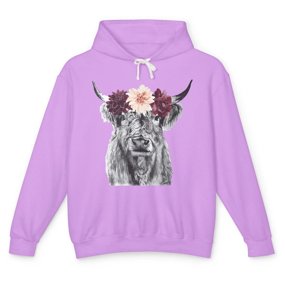 Heifer Highland Cow Flowers Farm Life Animal Floral Retro Unisex Lightweight Hoodie