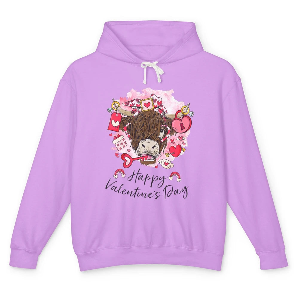 Cute Highland Cow Heart Western Happy Valentine Day Love Unisex Lightweight Hoodie