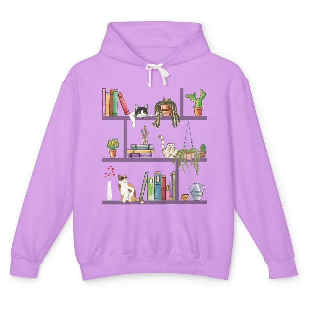 Funny Cats Lying On Floral Bookshelf Book Kitten Minimalist Unisex Lightweight Hoodie