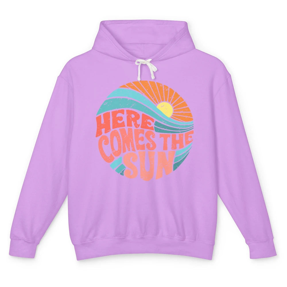 Retro Rainbow Sunrise Here Comes The Sun Hippie Girl Unisex Lightweight Hoodie