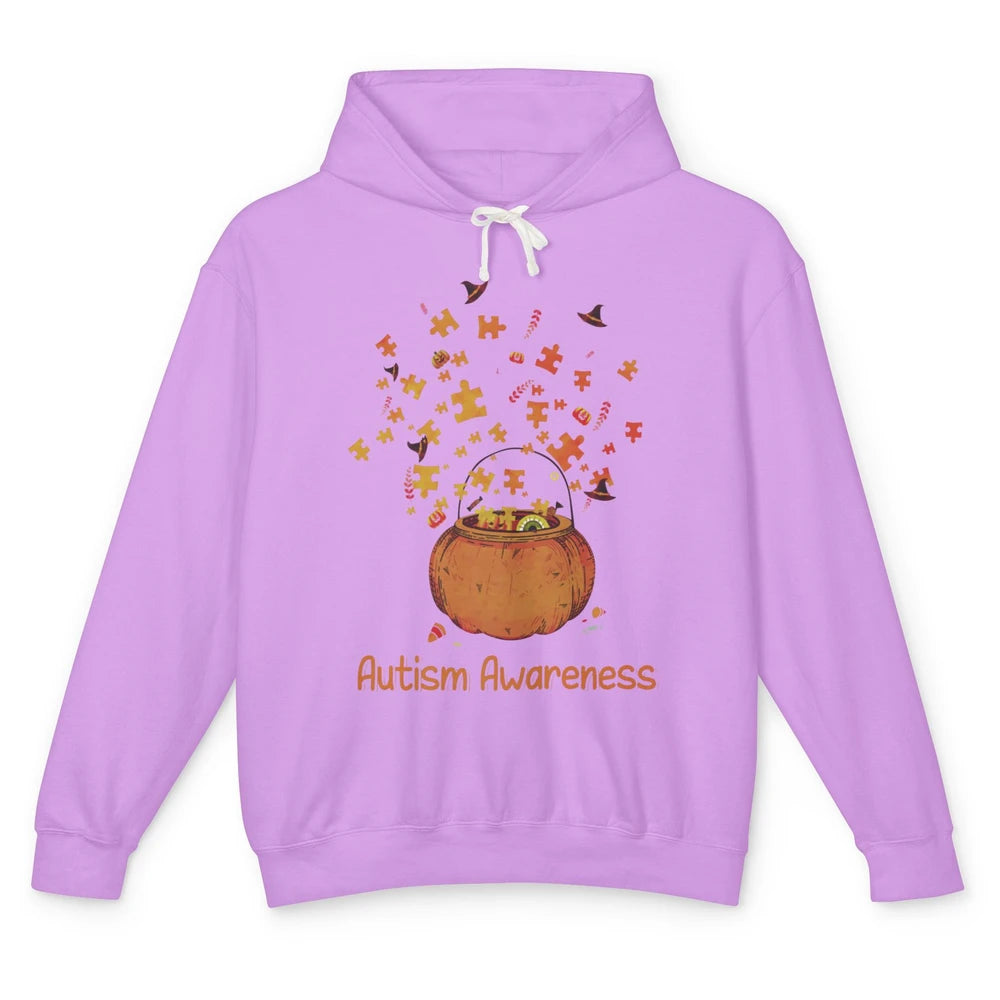 Halloween Autism Awareness Puzzle Piece Pumpkin Fall Unisex Lightweight Hoodie