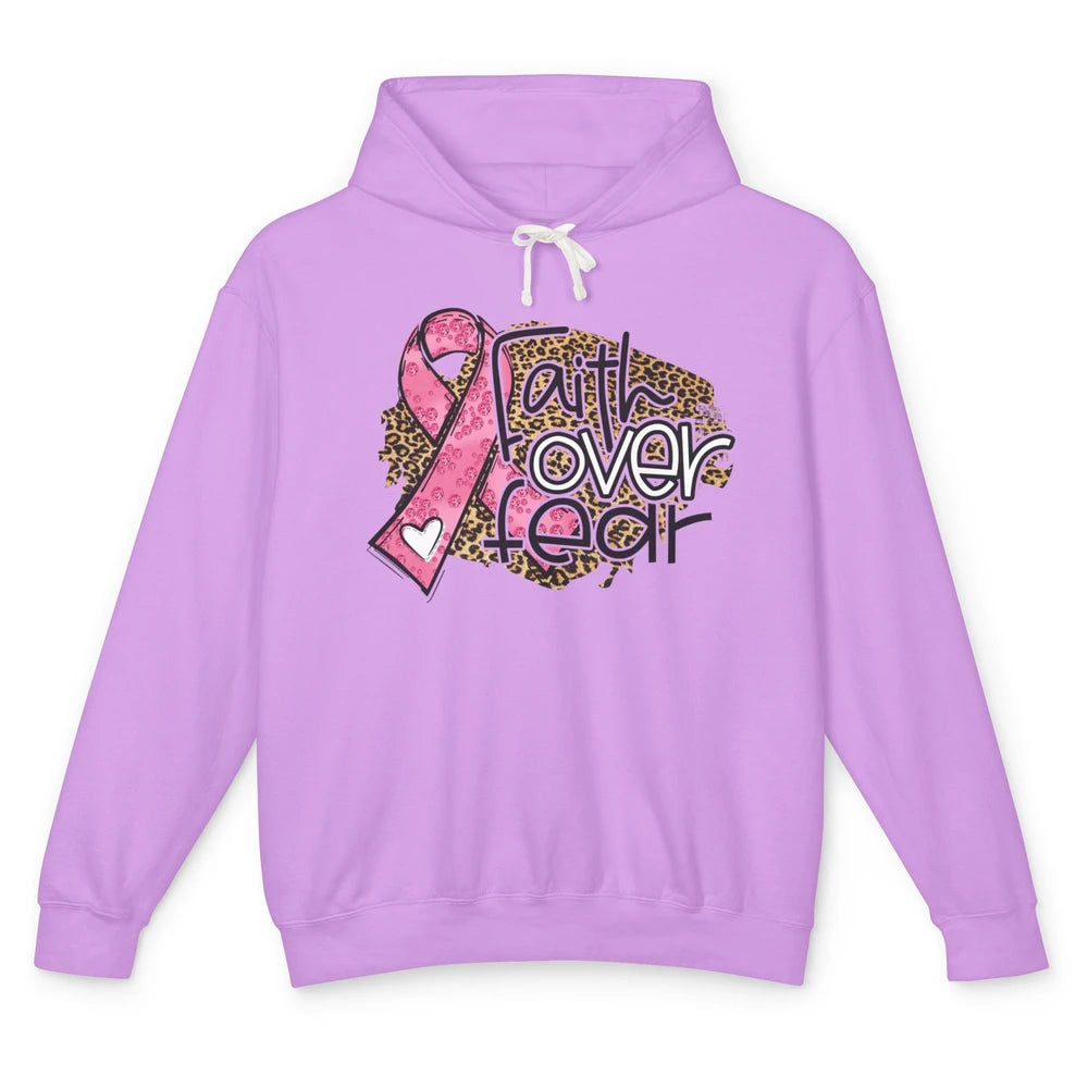 Pink Ribbon Breast Cancer Awareness Faith Over Fear Leopard Unisex Lightweight Hoodie