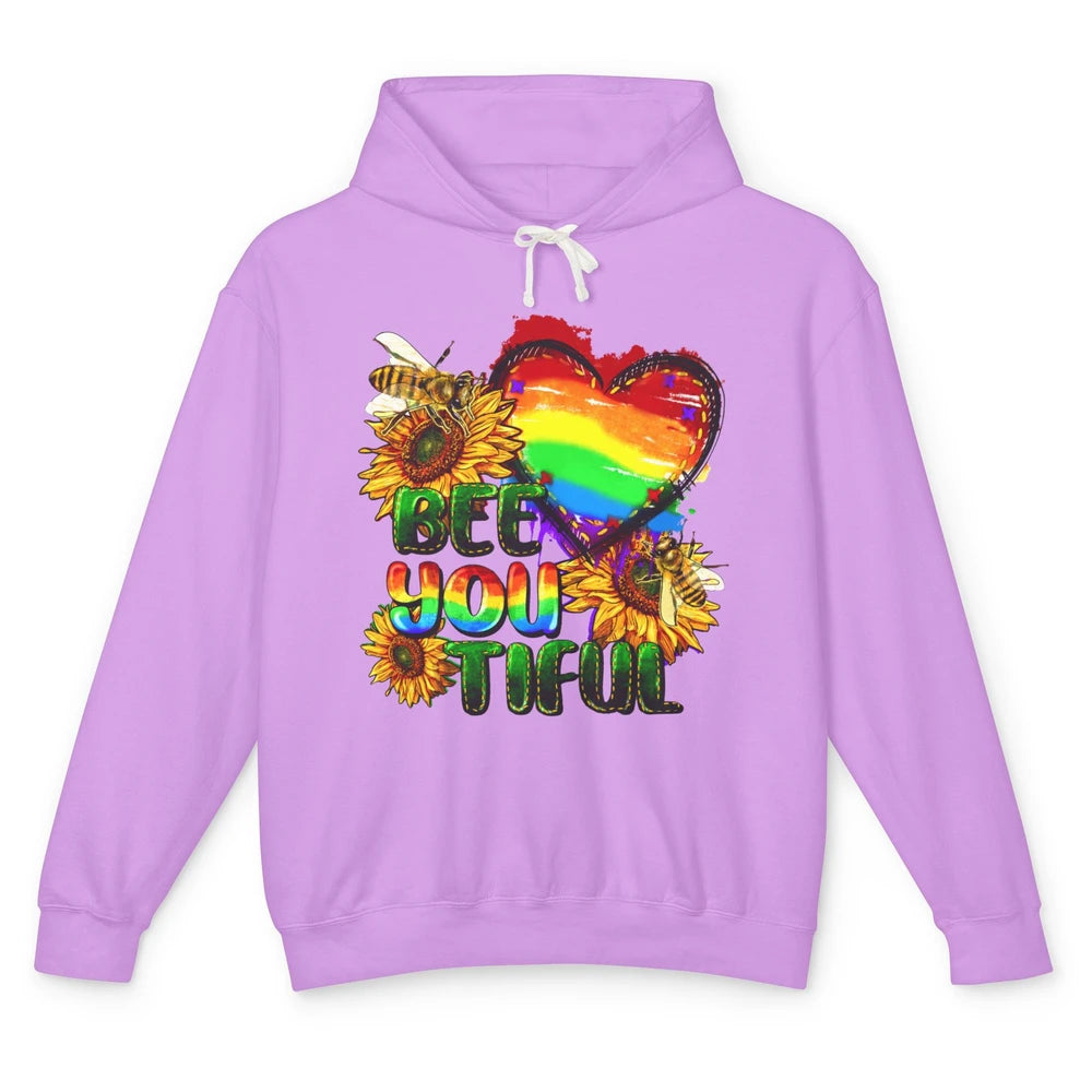 Bee You Tiful Pride Heart Rainbow Sunflower LGBT Pride Month Unisex Lightweight Hoodie