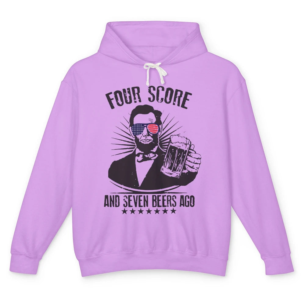 Funny US Flag Abraham Lincoln 4 Score 7 Beers Ago 4th July Unisex Lightweight Hoodie