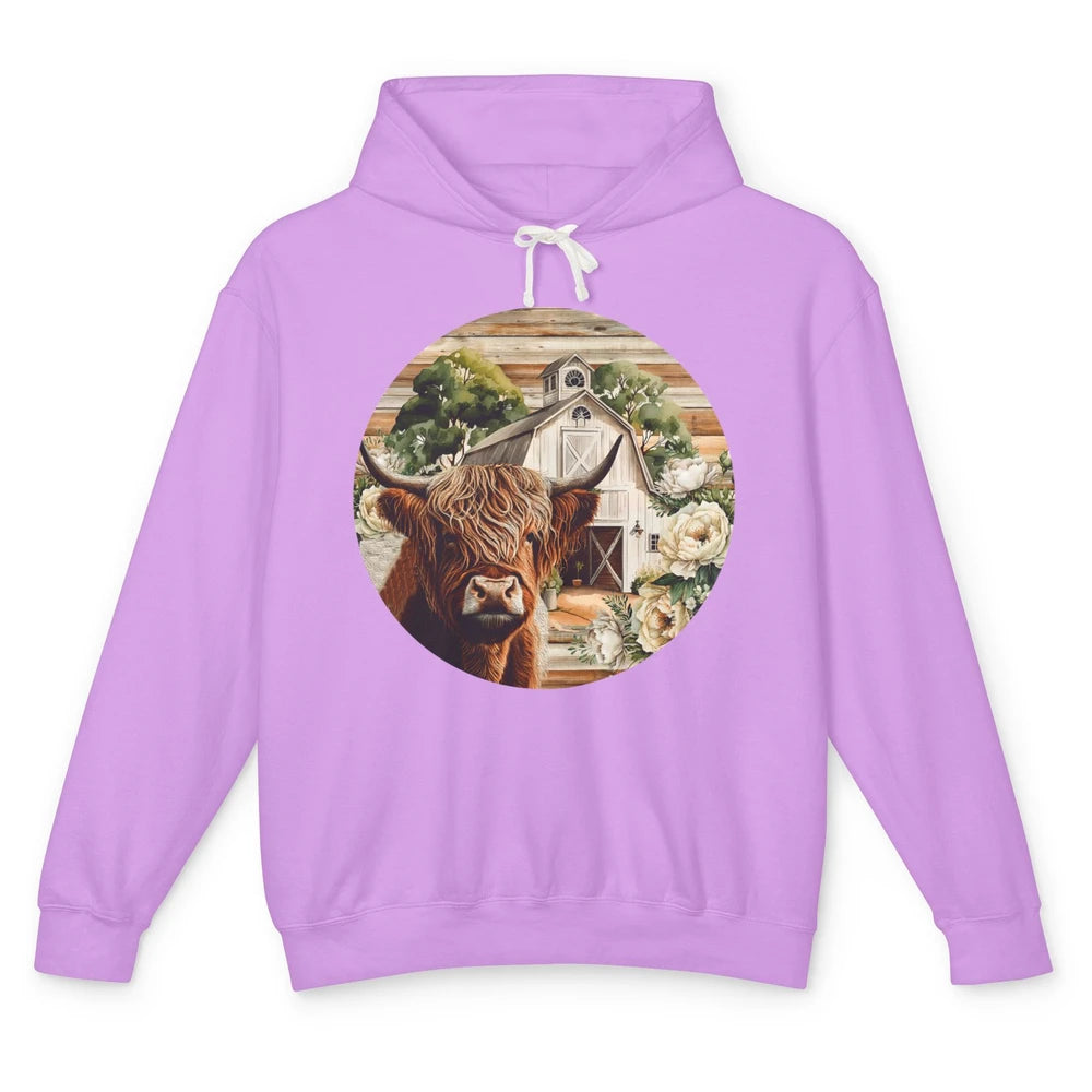 Retro Farm Highland Cow Barn House Western Country Farmer Unisex Lightweight Hoodie