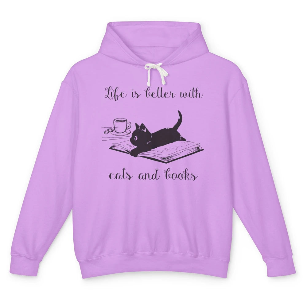 Retro Life Is Better With Cats And Books Reading Lovers Unisex Lightweight Hoodie