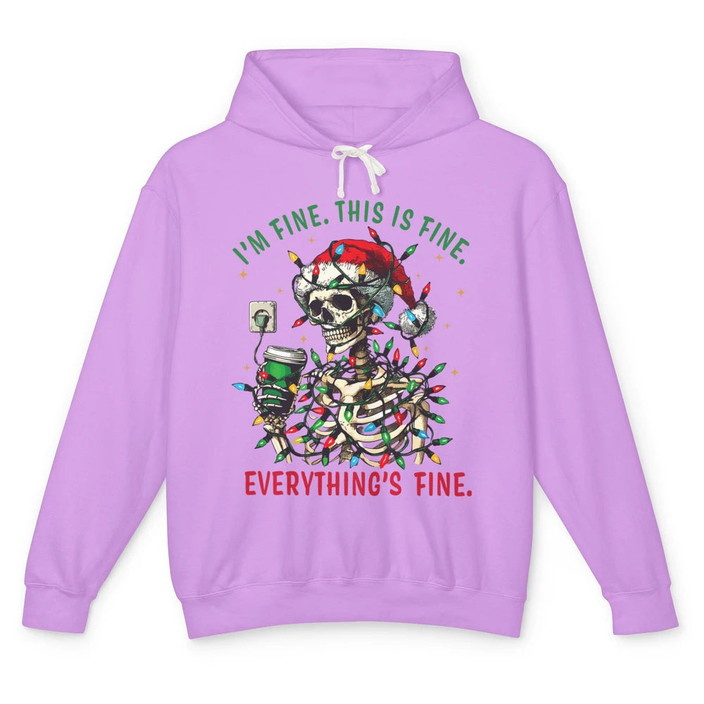 Funny Skull Everything Is Fine Christmas Lights Skeleton Xmas Sarcastic Unisex Lightweight Hoodie