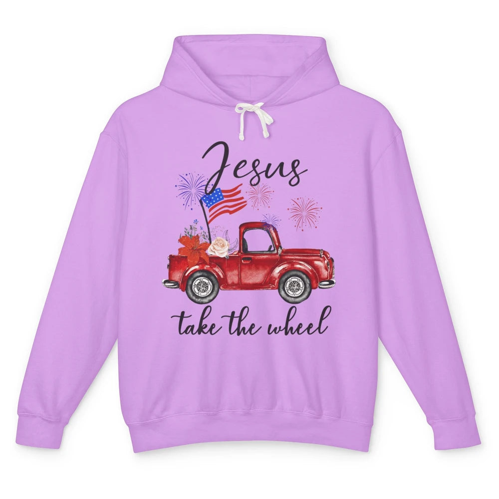 4th Of July Jesus Take The Wheel Red Truck Watercolor God Unisex Lightweight Hoodie