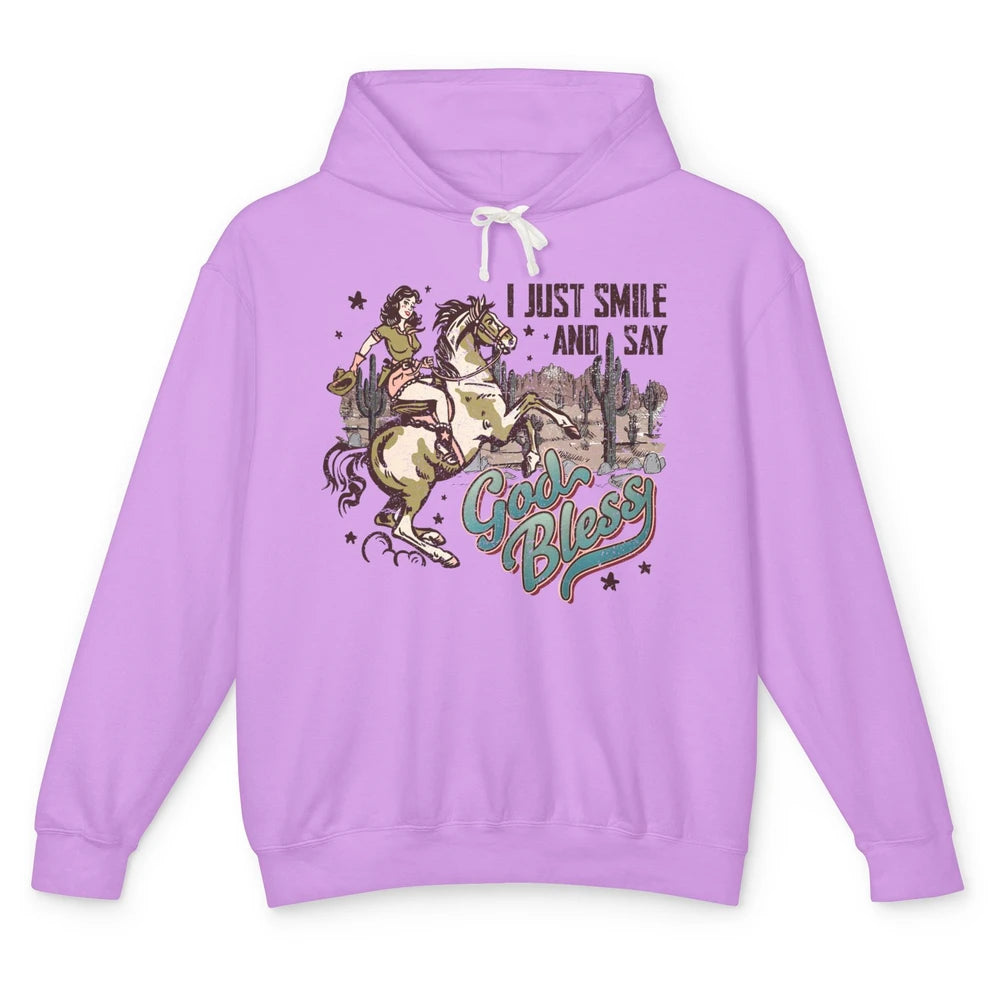 Retro Cowgirl Horsing I Just Smile And Say God Bless Western Unisex Lightweight Hoodie