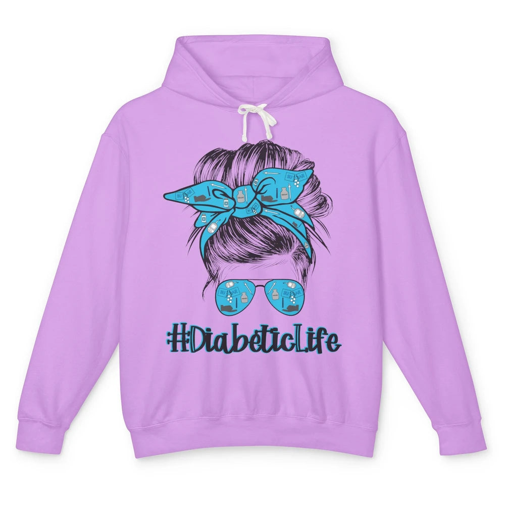 Diabetic Life Mom Messy Bun Blue Ribbon Diabetes Awareness Unisex Lightweight Hoodie