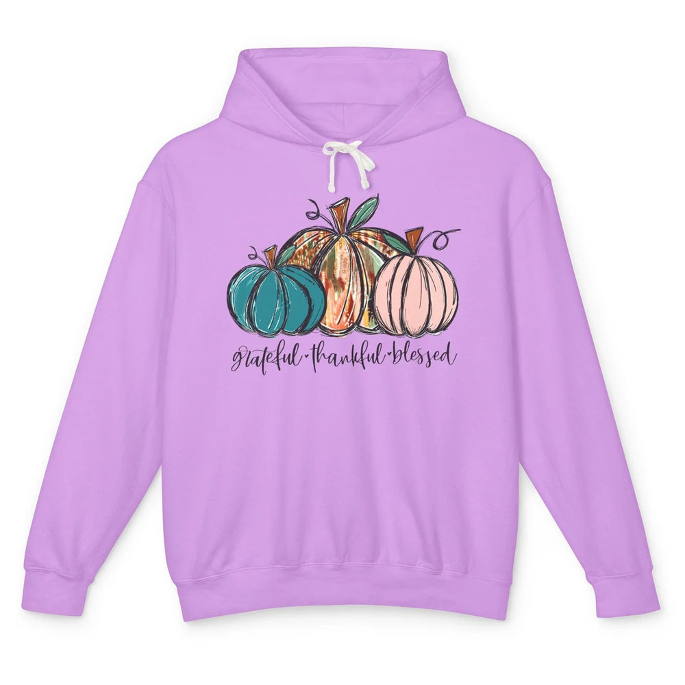 Grateful Thankful Blessed Doodle Pumpkin Fall Thanksgiving Unisex Lightweight Hoodie