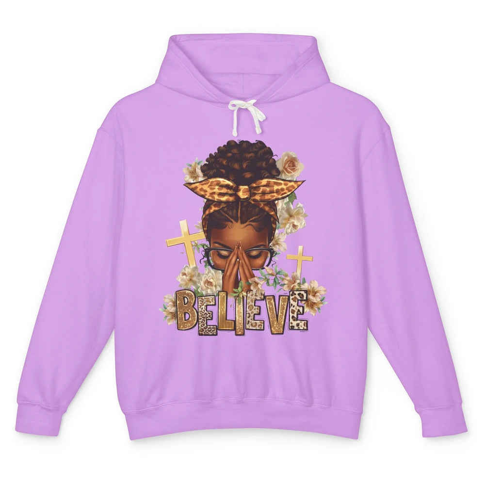 Floral Leopard Afro Messy Bun Believe Christian Religious Unisex Lightweight Hoodie