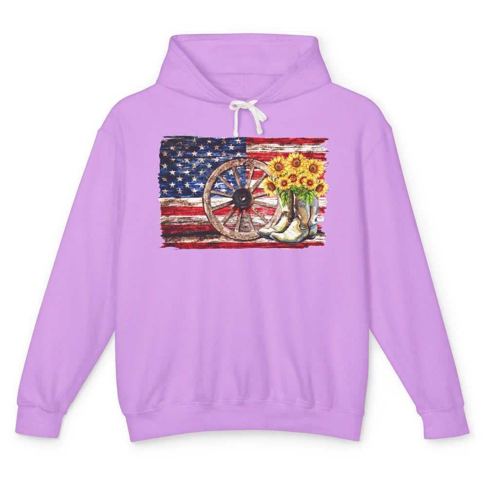 Retro US Flag Sunflower Cowgirl Boots Texas Cowboy Western Unisex Lightweight Hoodie