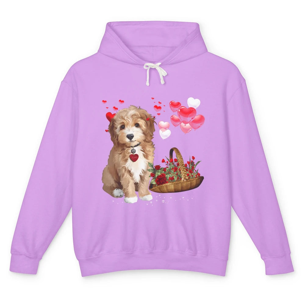 Valentine Goldendoodle Dog Valentine's Day Red Heart Couple Unisex Lightweight Hoodie