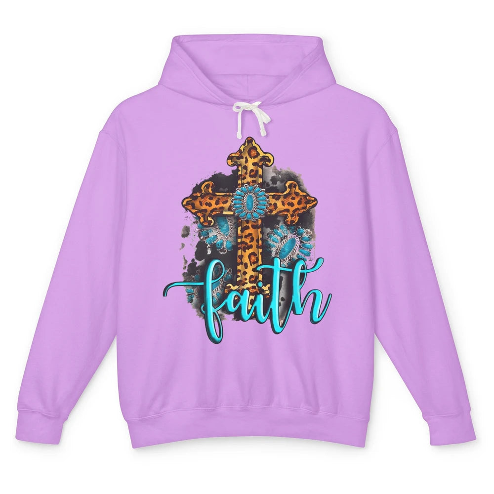 Western Gemstone Leopard Turquoise Cross Faith Jesus God Unisex Lightweight Hoodie