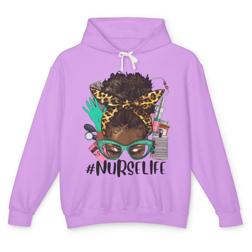 Afro Nurse Messy Bun Hair Black Melanin Nurse Life Leopard Unisex Lightweight Hoodie