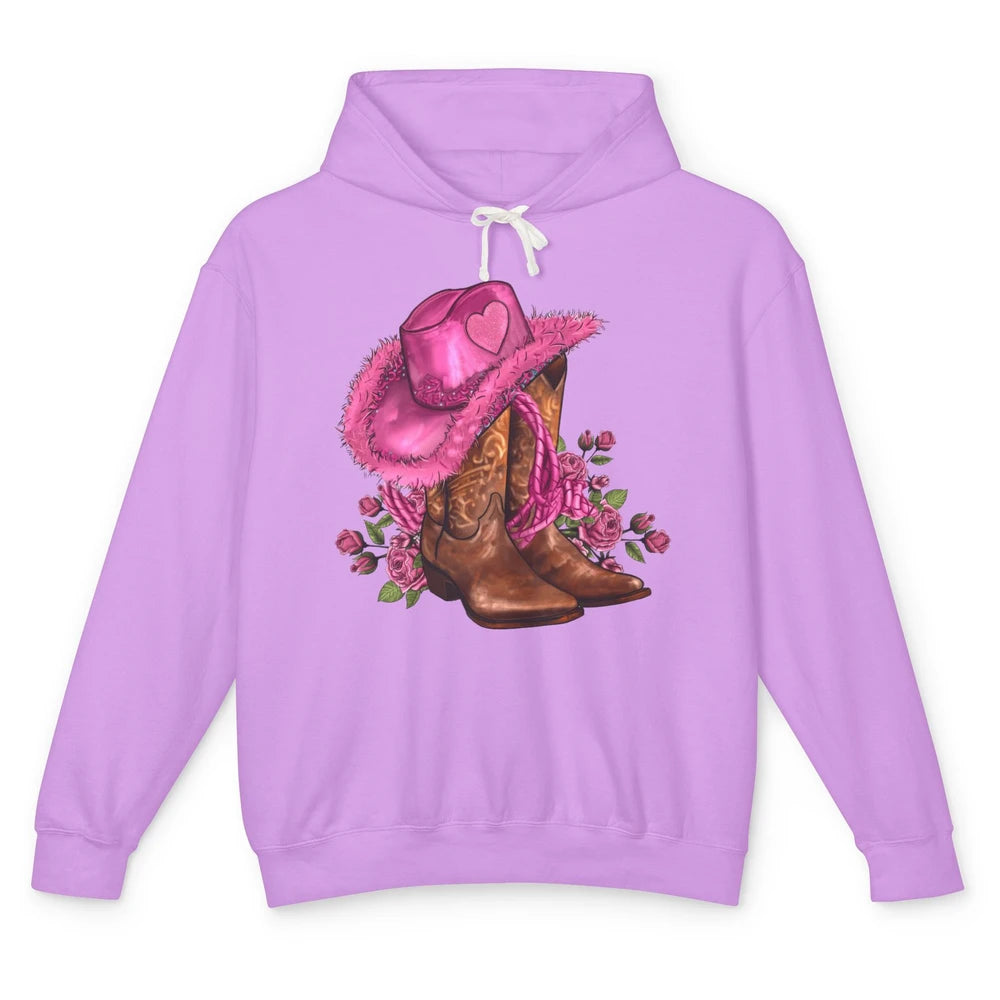 Valentines Day Hat Boots Cowgirl Pink Rose Flowers Retro Unisex Lightweight Hoodie