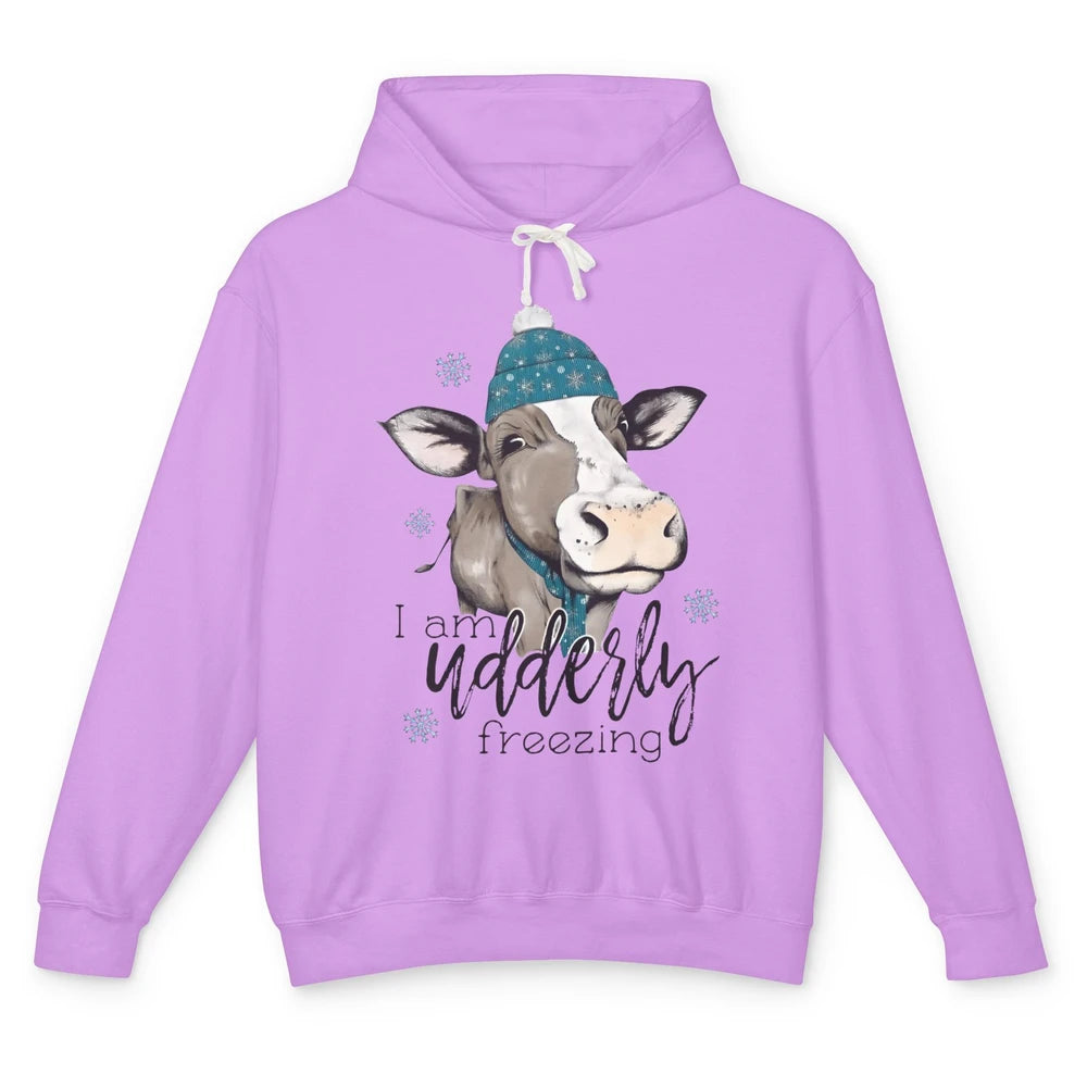 Funny Cow I'm Udderly Freezing Farmer Merry Christmas Winter Unisex Lightweight Hoodie