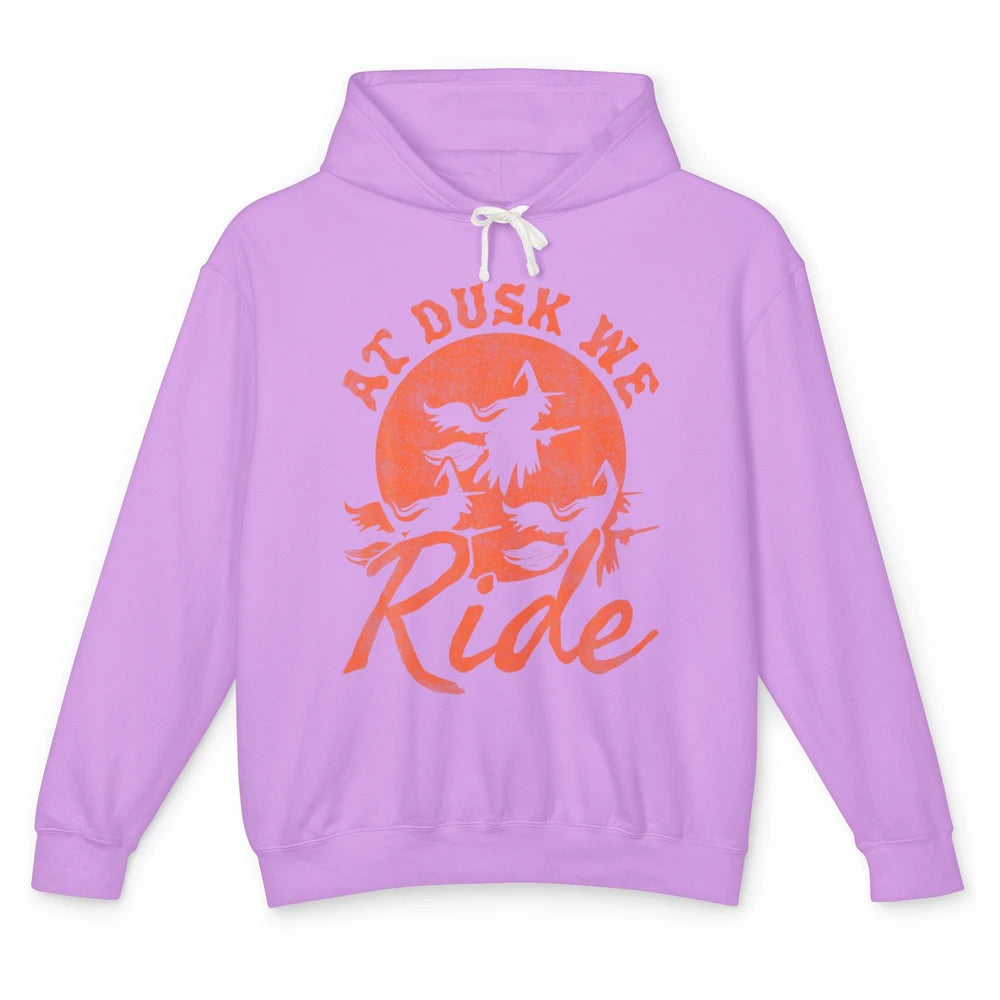 At Dusk We Ride Witch Hat Broom Moon Halloween Spooky Season Unisex Lightweight Hoodie