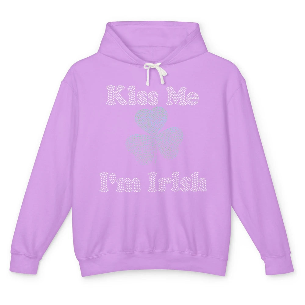 Kiss Me I'm Irish Shamrock Clover Rhinestone St Patricks Day Unisex Lightweight Hoodie