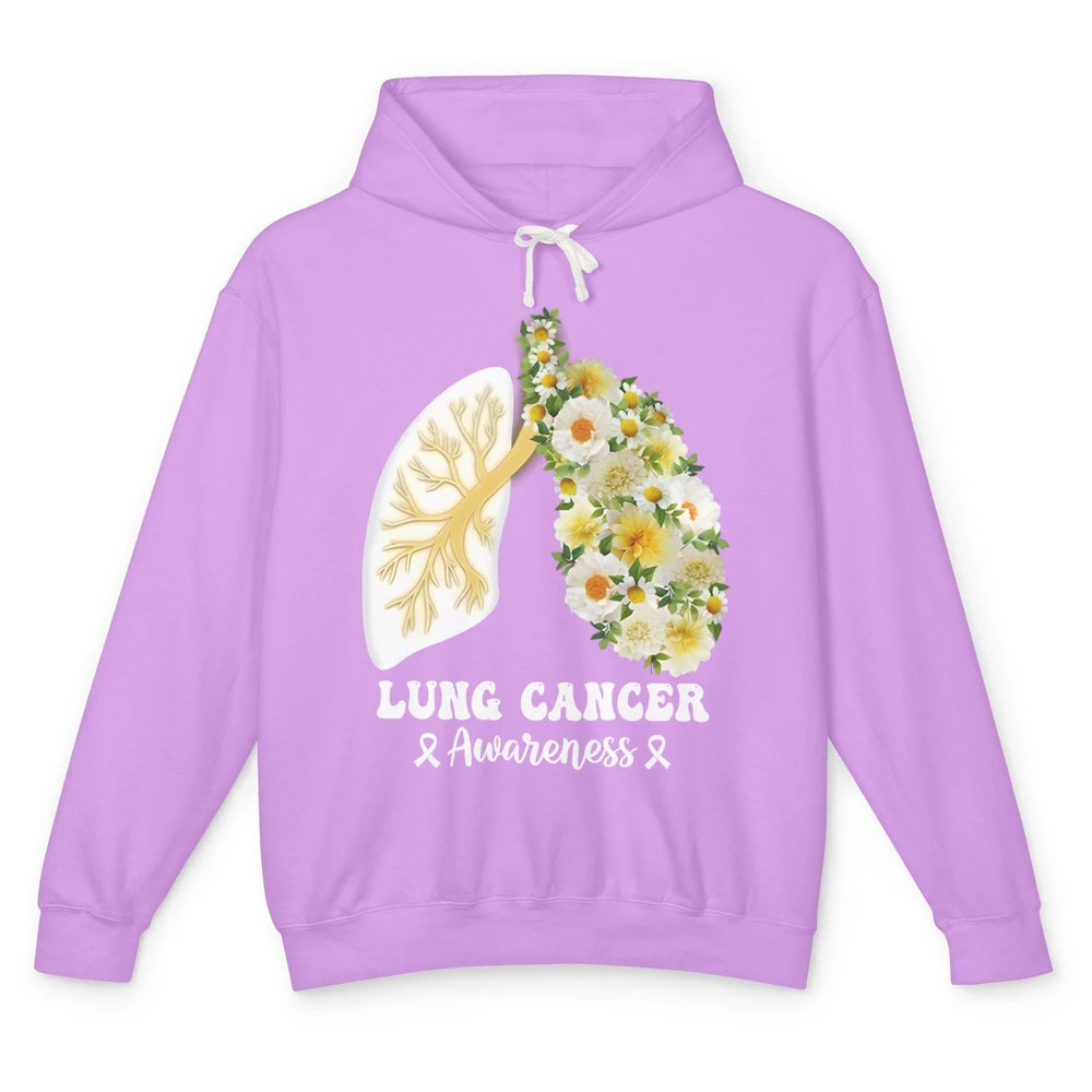 Floral Lung Cancer Awareness Warrior Wildflower White Ribbon Unisex Lightweight Hoodie