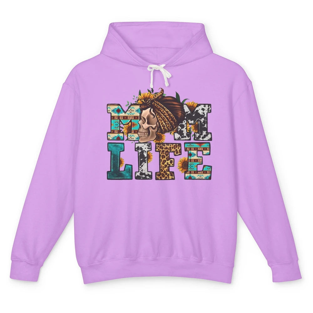 Sunflower Leopard Messy Bun Skull Mom Life Western Mama Life Unisex Lightweight Hoodie